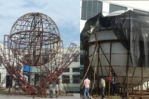 鄱陽湖關愛雕塑鋼結構和金屬水壓球生產(chǎn)情景圖