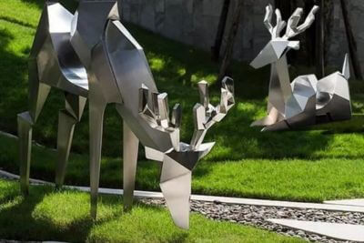 幾何切面拉絲不銹鋼鹿雕塑